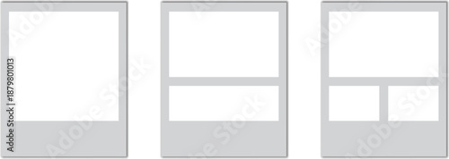Blank polaroid photo collage frames report film Vector Set. Empty white picture camera frame templates with single and multi photo collage layouts on grey background. Photography, and portfolio.