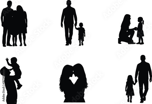 Family love silhouette collection showing parents and children bonding, walking together, lifting kids, caring moments, and romantic couple relationships