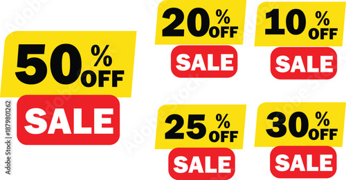 A collection of yellow and red sale tags displaying various discount percentages from 10% to 50% off, indicating promotional offers.