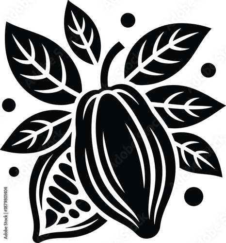Cocoa pod silhouette with leaves, chocolate fruit icon, organic cacao plant illustration, black and white vector design, isolated