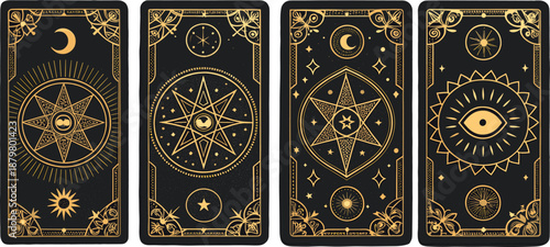 Mystical Tarot Card Back Designs with Gold Symbols – Crescent Moon, Stars, Sun, Eye Motif on Black Esoteric Background