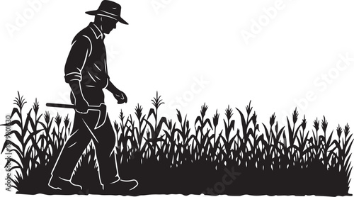 Farmer walking through field with tool in hand slowly