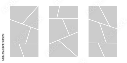 Image collage layout template. Grey mosaic mood board grid collection. Picture frame set. Photo album idea for banner, poster, comic page, flyer, brochure, booklet, memory wall design. Vector pack