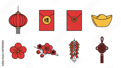 Chinese New Year Icons: Lantern, Red Envelopes, Gold Ingot, Plum Blossoms, Firecrackers, Knot