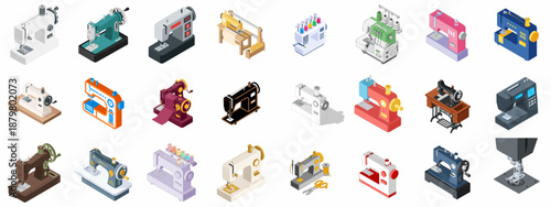 Isometric Icon Collection of Sewing Machines: Vintage, Modern, Industrial, and Domestic Models for Textile, Tailoring, Fashion, and Craft Design Projects.