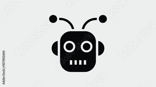 A sleek black robot head icon with antennae and minimalistic features on a light grey background Vector