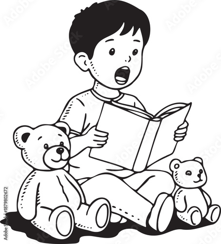 Hand drawn doodle of a young child sitting on the floor reading aloud to toys, black and white coloring page style