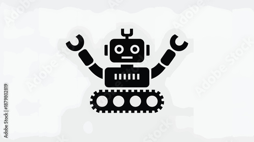 Black silhouette icon of a friendly robot with tank tracks and mechanical arms Vector
