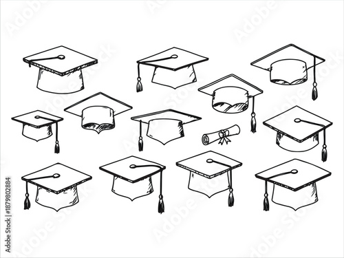 Collection of graduation caps in various styles and angles
