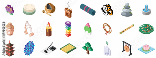 Collection of Isometric Icons Representing Spirituality, Meditation, Zen, and Wellness Elements Including Buddha, Om Symbol, Lotus Flower, Yoga, and Singing Bowls.