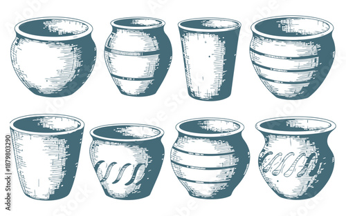 Set of eight hand-drawn pottery jars and glasses vector illustration isolated on background