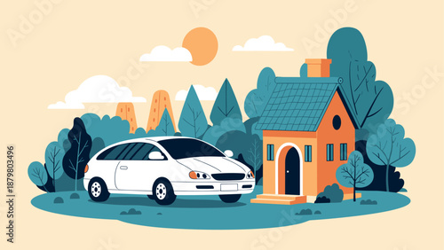 Charming house with modern car in serene nature setting