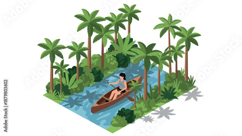 Isometric tropical canoe adventure in lush jungle setting with palm trees