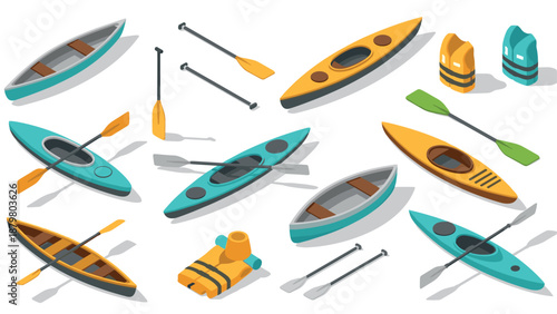 Colorful isometric canoes and kayaks with paddles and life jackets
