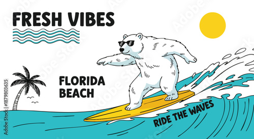 Surfing Polar Bear with Sunglasses and Palm Tree on Florida Beach, Fresh Vibes.