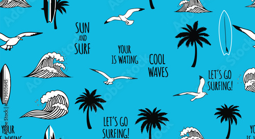 Surf's Up! Seamless Pattern Design Featuring Waves, Palm Trees, Surfboards, and Seagulls with Inspirational Quotes.