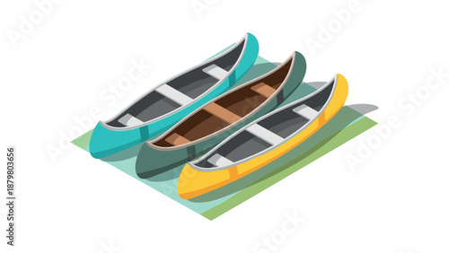 Colorful canoes in isometric design on calm water background