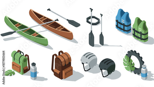 Isometric canoe and adventure gear collection on white background