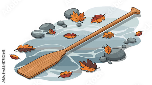 Wooden paddle and autumn leaves in tranquil water with rocks