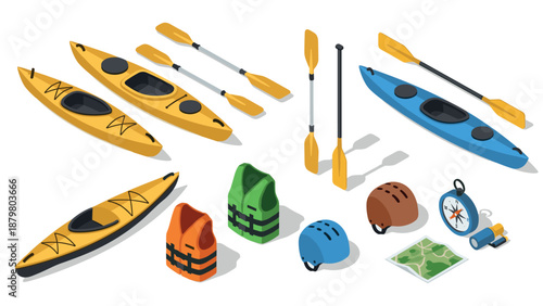 Isometric kayak equipment set featuring kayaks, paddles, life jackets, helmets, and compass