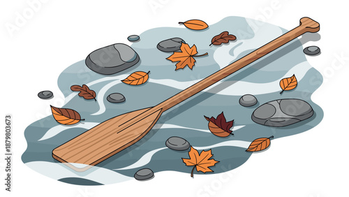 Wooden oar and autumn leaves in river with smooth rocks and gentle ripples