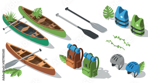 Outdoor adventure gear: isometric canoes, paddles, backpacks, and safety helmets with nature elements
