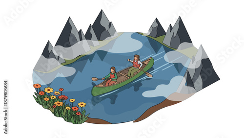 Adventure canoeing in scenic mountain lake with mist and flowers