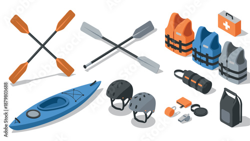 Isometric kayaking gear: paddles, helmets, life vests, and accessories for safe water adventures