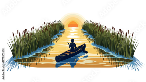 Serene canoe journey at sunset through vibrant reeds on peaceful water