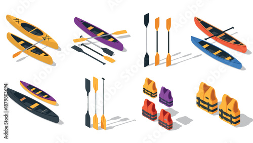Isometric canoe and kayak set with paddles and life jackets in various colors