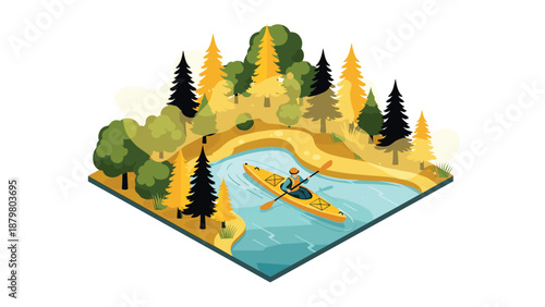 Isometric adventure: kayaking through a vibrant autumn forest stream in nature
