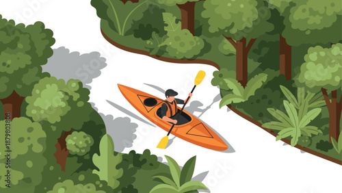 Kayaking adventure in lush jungle river landscape