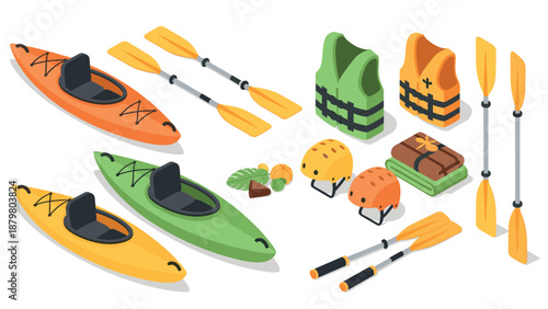 Isometric kayaking gear set: paddles, kayaks, helmets, life jackets, and accessories