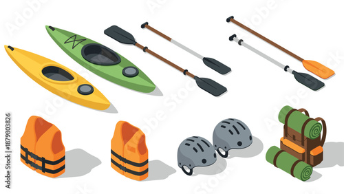 Isometric kayaking gear set with kayaks, paddles, and safety equipment