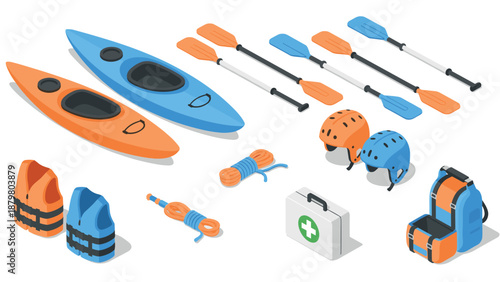 Isometric outdoor adventure gear: kayaks, paddles, helmets, and safety kits