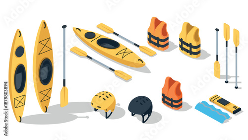Isometric kayaking gear collection with helmets, life jackets, and paddles
