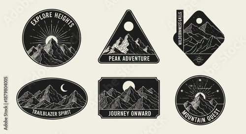 Vector Collection of Mountain Adventure Badges and Emblems for Outdoor Lifestyle and Travel Brands.