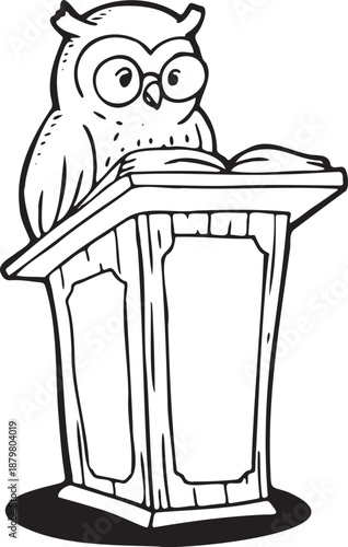 Black and white line art illustration of an owl reading a book on a podium. Hand drawn outline style suitable for education, reading concept, World Read Aloud Day, logo, t-shirt, poster, coloring book