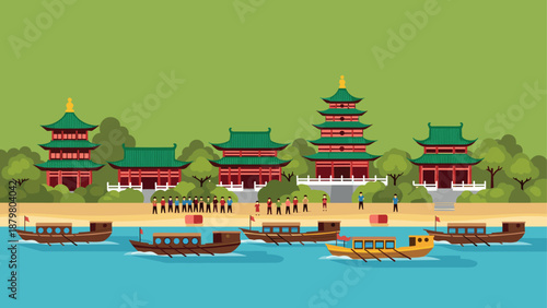 Traditional chinese architecture with pagodas and boats by a scenic riverfront