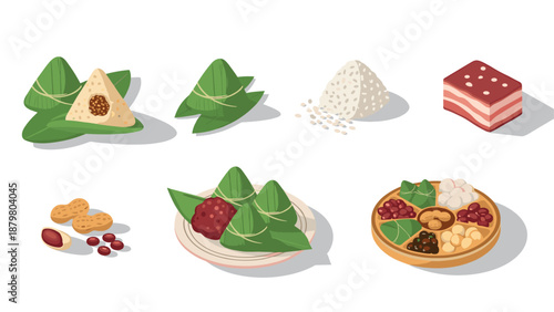 Traditional asian food set with zongzi, mochi, and peanuts
