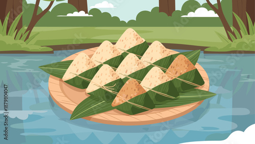 Traditional rice delicacies on banana leaves by tranquil riverside
