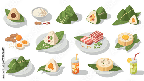 Isometric asian cuisine: traditional rice dishes and ingredients on leaf plates