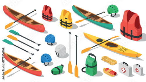 Colorful canoeing equipment set in isometric style for adventure enthusiasts