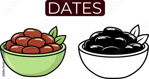 Dates fruit in bowls vector illustration, dried dates food icon, healthy snack and Ramadan ingredient, flat design on white background
