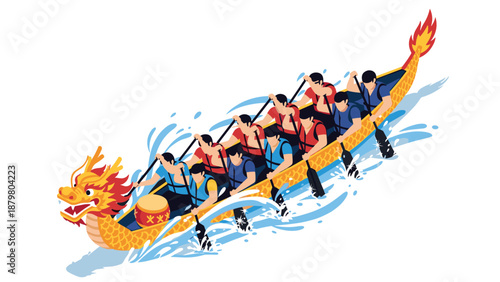 Dynamic dragon boat race in vibrant colors with team paddling synchronization