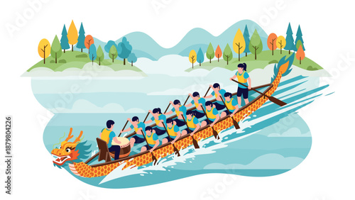 Dragon boat racing on serene lake with vibrant autumn landscape