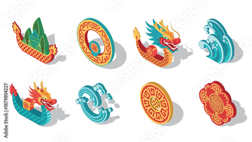 Isometric chinese dragon and wave elements with traditional patterns in bright colors