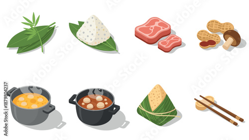 Traditional asian cuisine elements with ingredients and dishes in isometric style