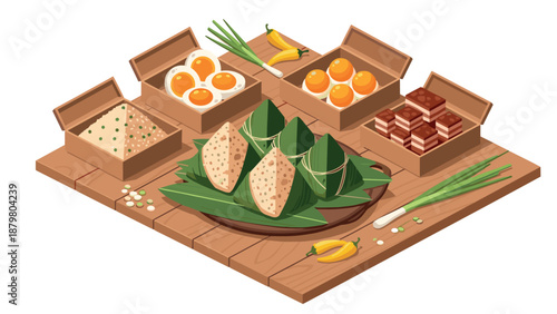 Traditional asian cuisine: leaf-wrapped dumplings and assorted delicacies in isometric style