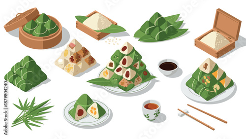 Isometric zongzi and tea set with bamboo leaves and ingredients